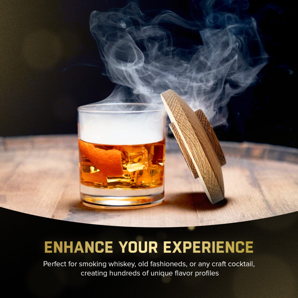 Whiskey cocktail with smoke and wooden lid.