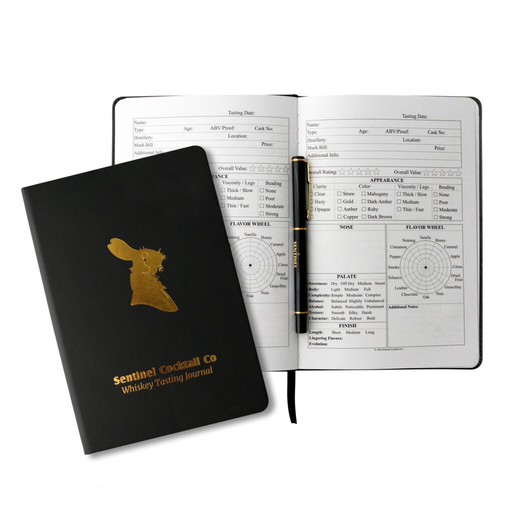 Whiskey tasting journal with open pages and flavor wheel.