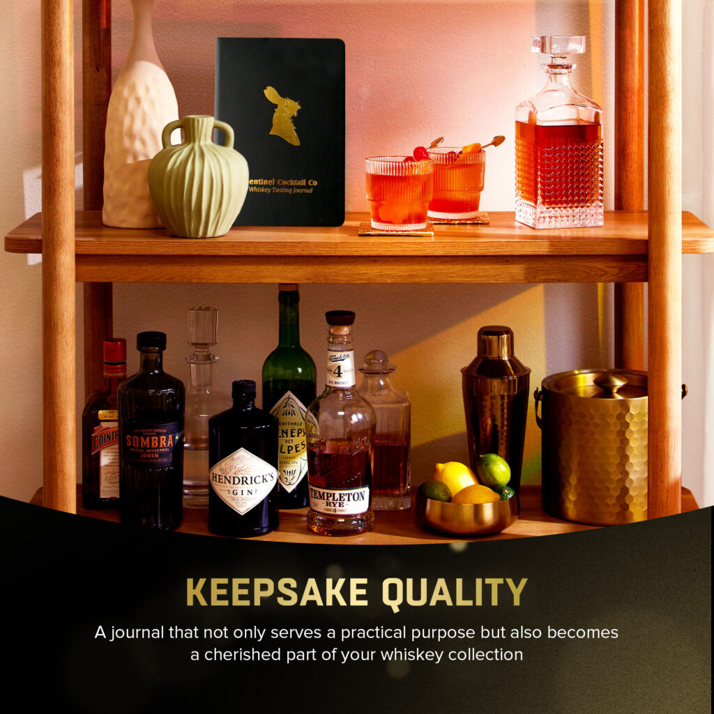 Whiskey shelf with bottles and cocktail journal