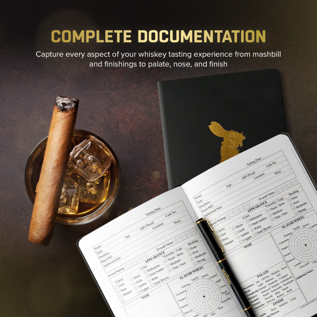Whiskey tasting journal with glass and cigar.
