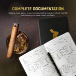 Whiskey tasting journal with glass and cigar.