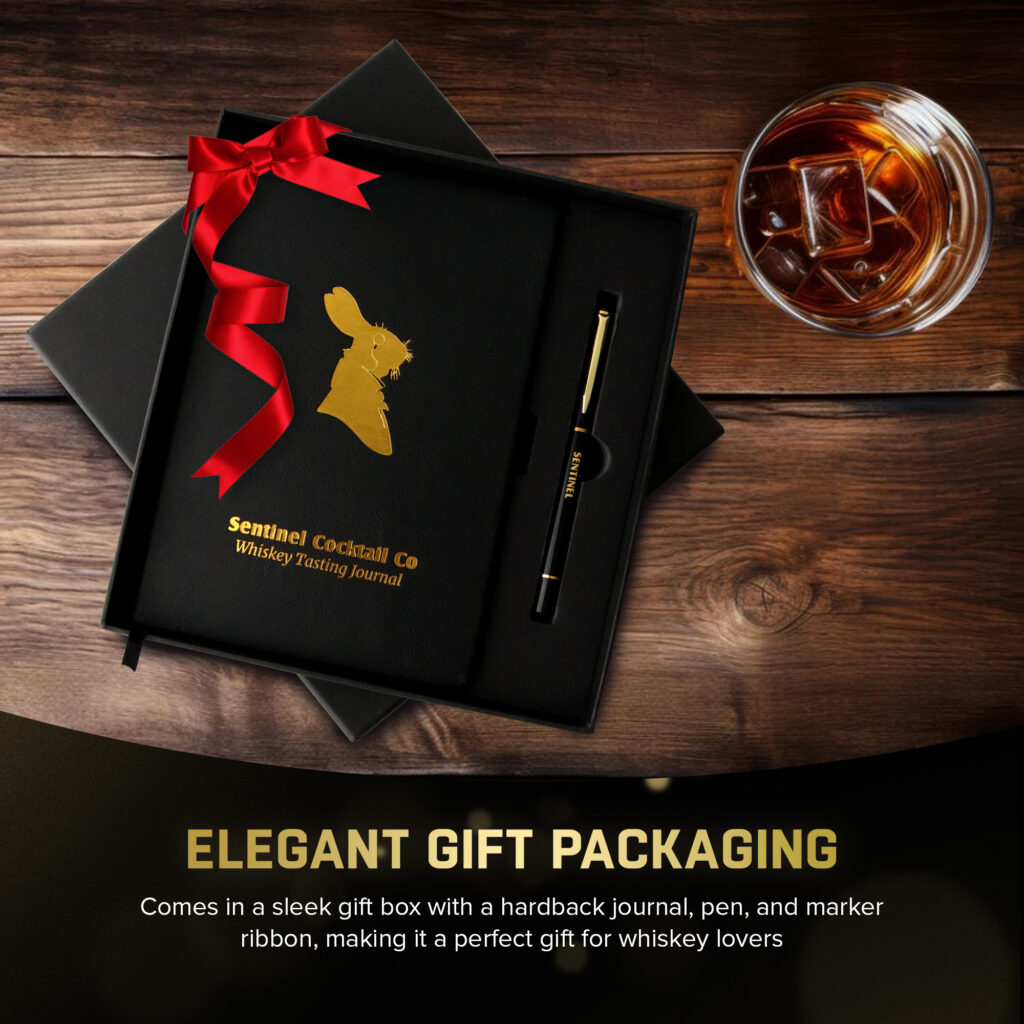 Whiskey tasting journal gift set with red ribbon.