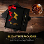 Whiskey tasting journal gift set with red ribbon.