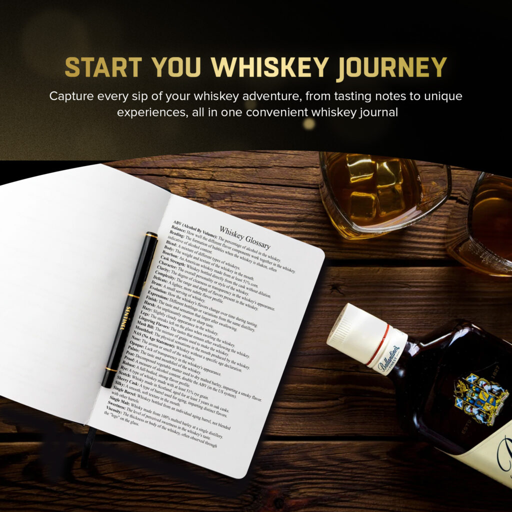 Whiskey journal with glossary and glass of whiskey.